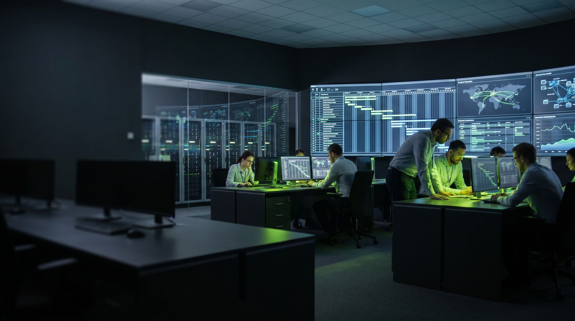 Project controls team monitoring schedules and network topology dashboards in a control room
