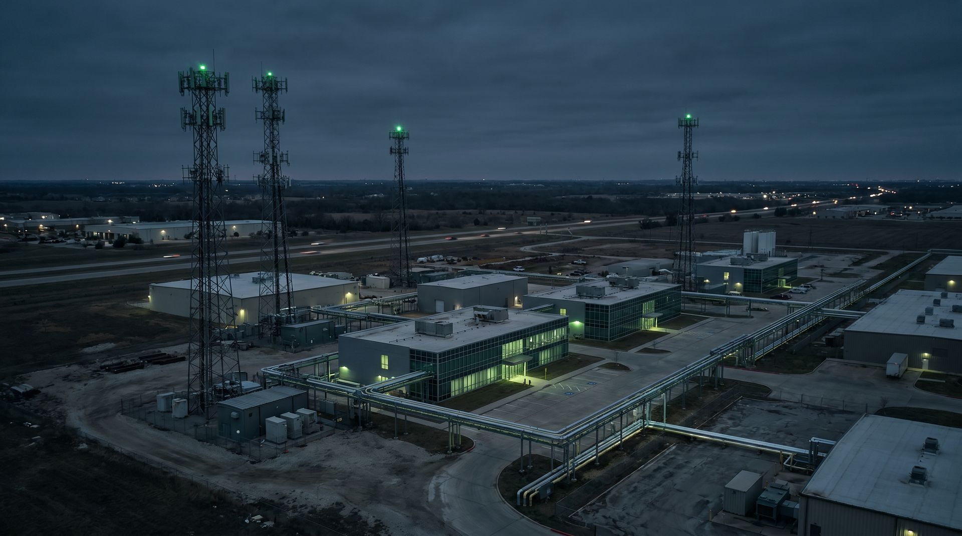 Telecommunications towers and infrastructure facility at dusk