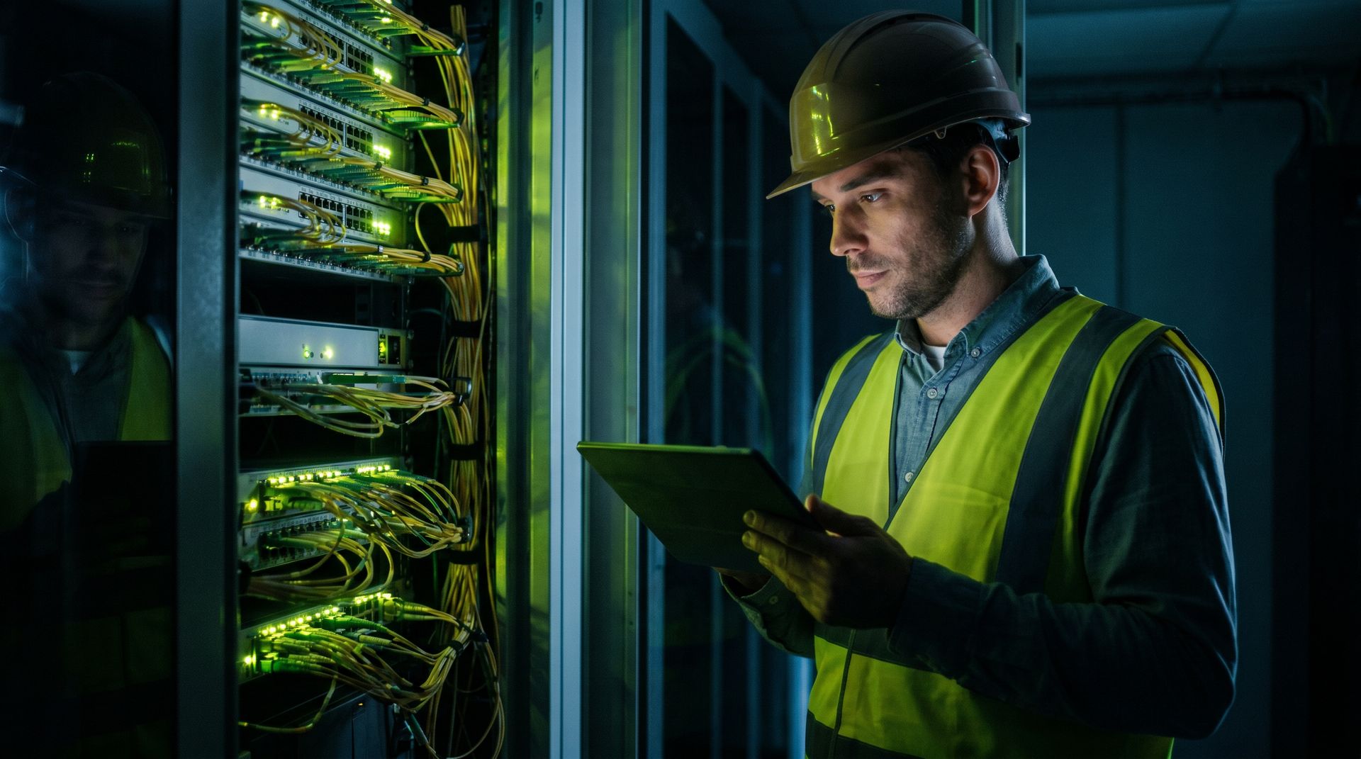 Quality control inspector reviewing fiber network cabling with a tablet